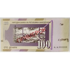 MACEDONIA 1996 . ONE HUNDRED 100 DENARI BANKNOTE . SPECIMEN